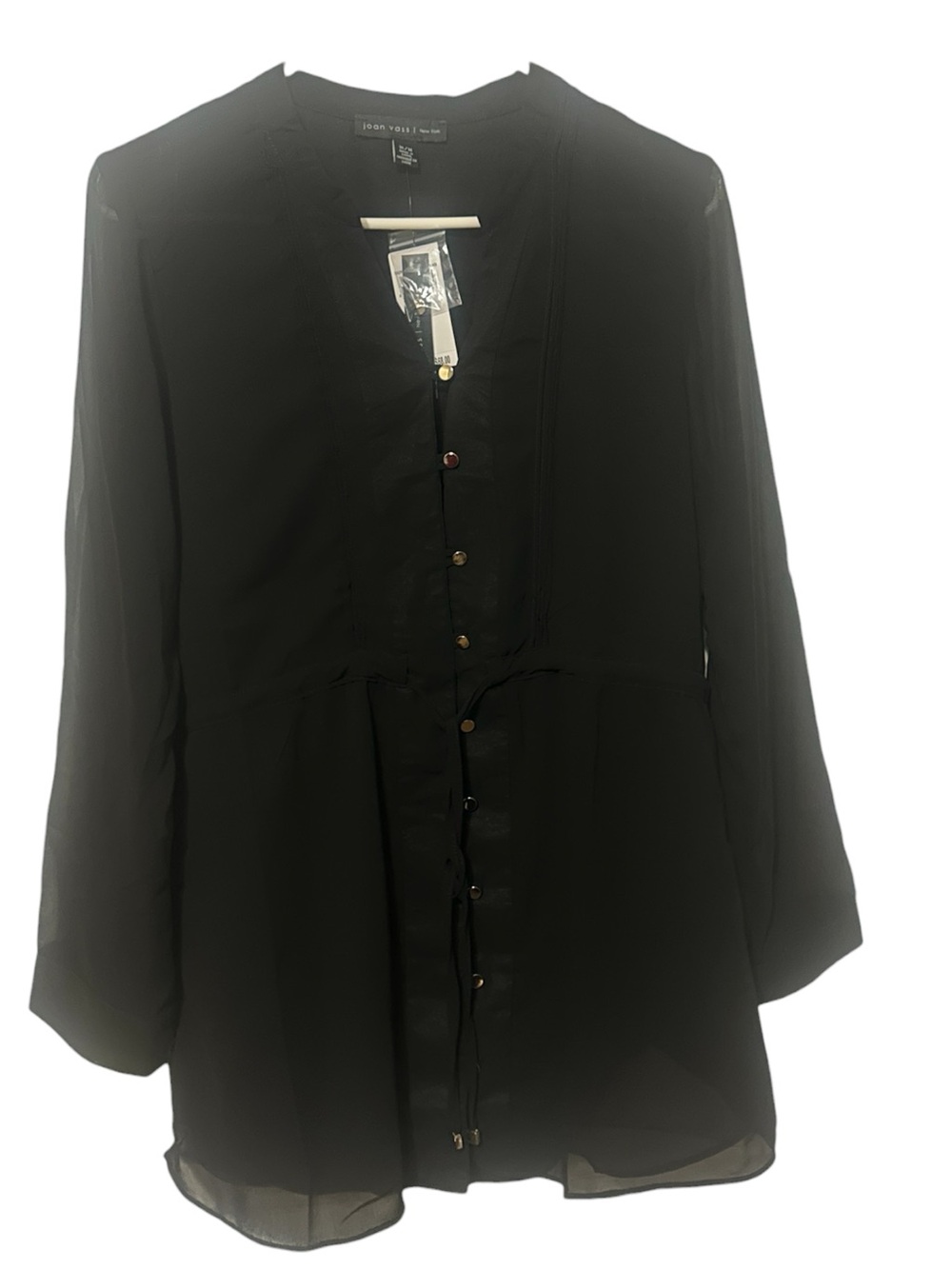 Joan Vass New York Black Sheer Long Sleeve Drawstring Tunic Blouse M NWT